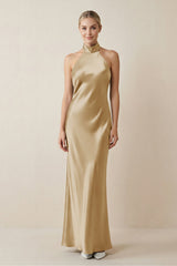 Halter Sheath Satin Bridesmaid Dress in Champagne - KISS BRIDAL Bridesmaid Dresses