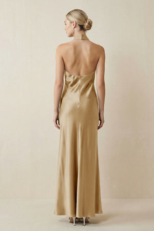 Halter Sheath Satin Bridesmaid Dress in Champagne - KISS BRIDAL Bridesmaid Dresses