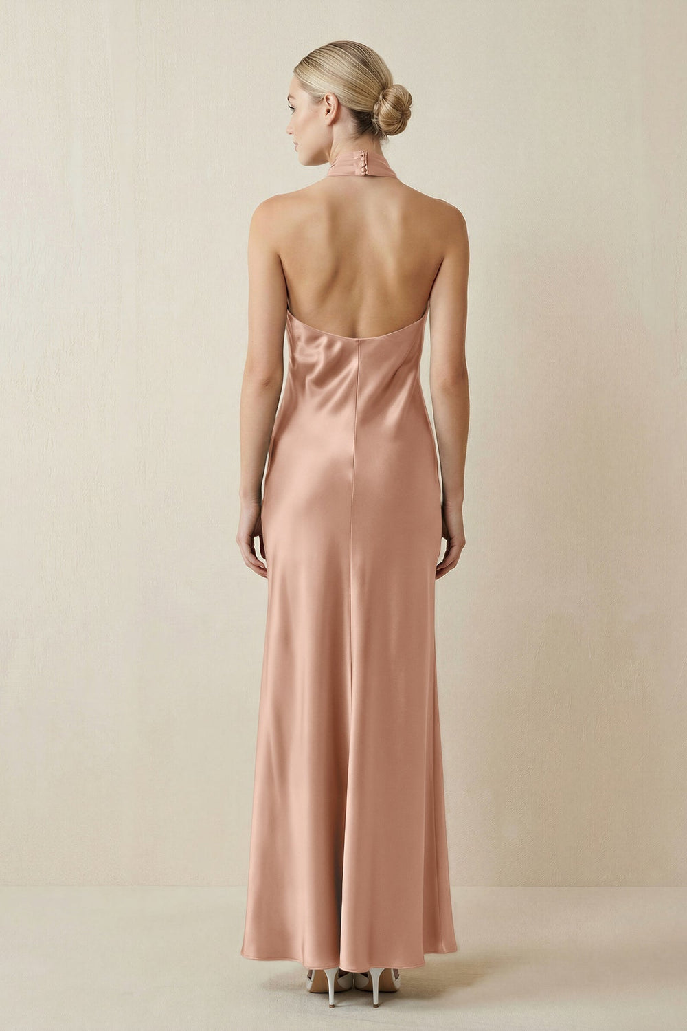Halter Sheath Satin Bridesmaid Dress in Champagne Rose - KISS BRIDAL Bridesmaid Dresses