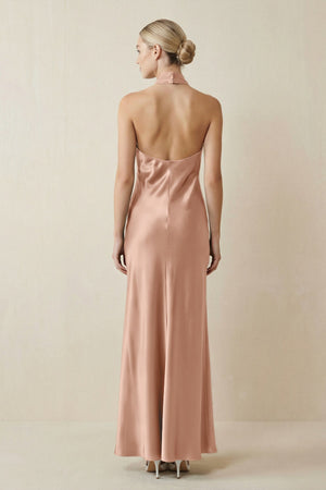 Halter Sheath Satin Bridesmaid Dress in Champagne Rose - KISS BRIDAL Bridesmaid Dresses