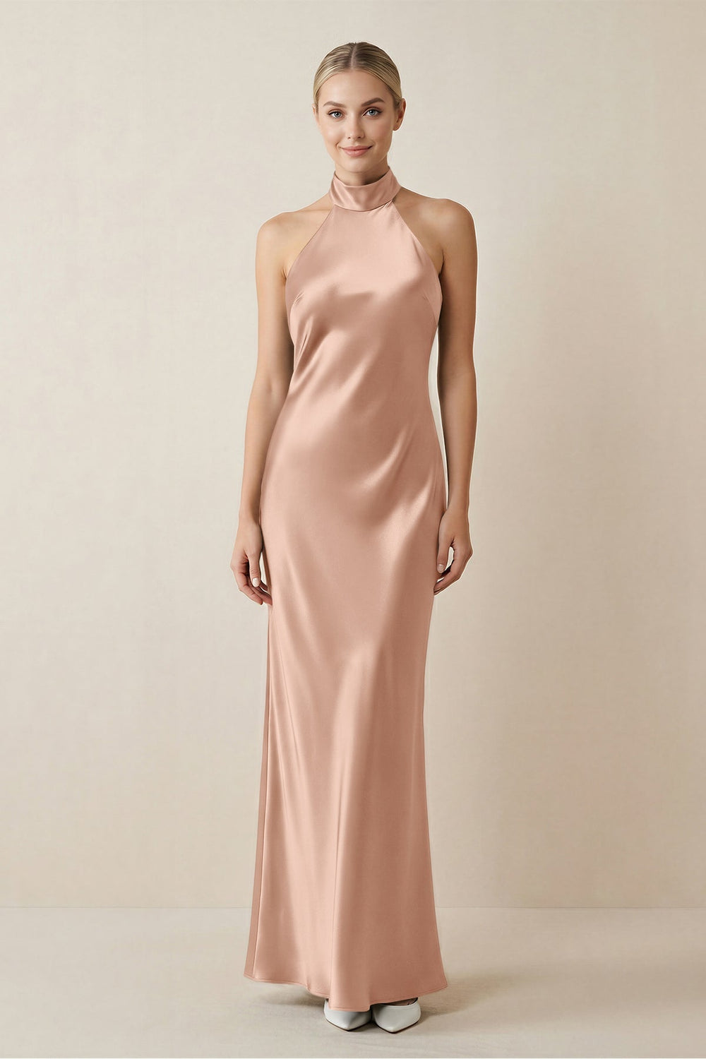 Halter Sheath Satin Bridesmaid Dress in Champagne Rose - KISS BRIDAL Bridesmaid Dresses
