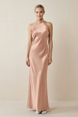Halter Sheath Satin Bridesmaid Dress in Champagne Rose - KISS BRIDAL Bridesmaid Dresses