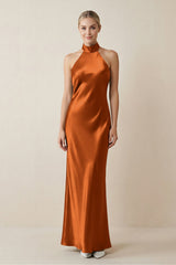 Halter Sheath Satin Bridesmaid Dress in Cinnamon - KISS BRIDAL Bridesmaid Dresses