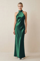 Halter Sheath Satin Bridesmaid Dress in Dark Green - KISS BRIDAL Bridesmaid Dresses