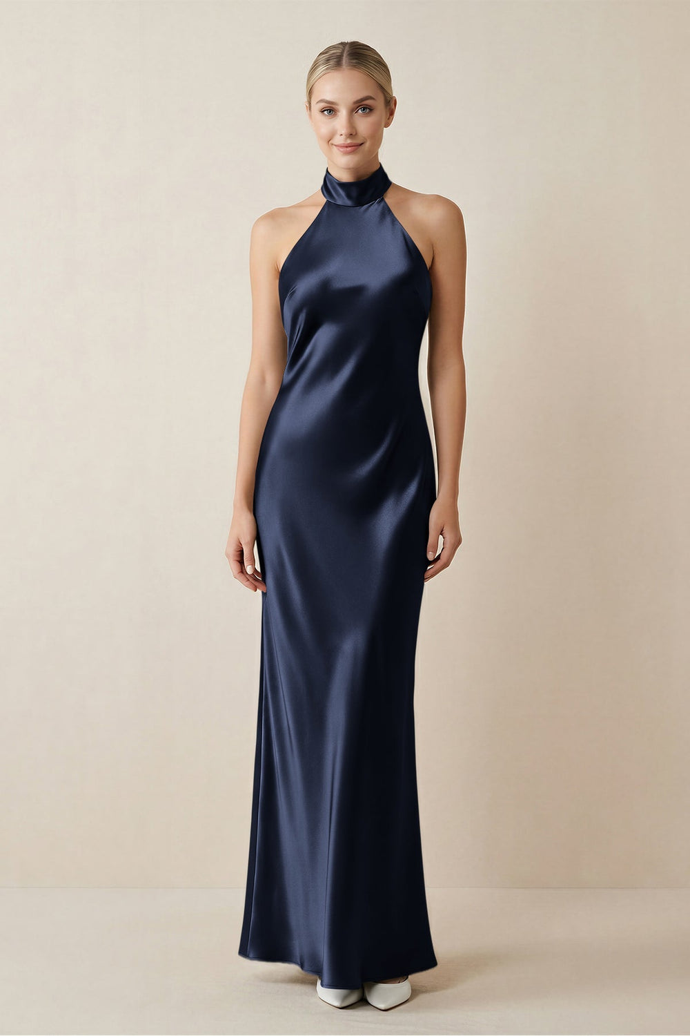 Halter Sheath Satin Bridesmaid Dress in Dark Navy - KISS BRIDAL Bridesmaid Dresses