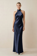 Halter Sheath Satin Bridesmaid Dress in Dark Navy - KISS BRIDAL Bridesmaid Dresses