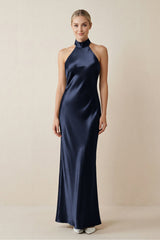 Halter Sheath Satin Bridesmaid Dress in Dark Navy - KISS BRIDAL Bridesmaid Dresses