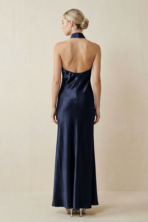 Halter Sheath Satin Bridesmaid Dress in Dark Navy - KISS BRIDAL Bridesmaid Dresses