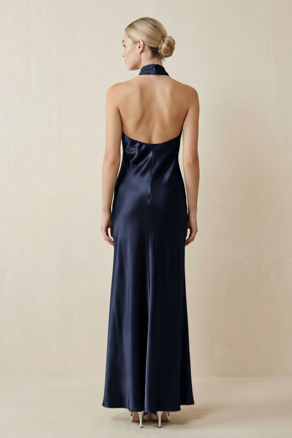 Halter Sheath Satin Bridesmaid Dress in Dark Navy - KISS BRIDAL Bridesmaid Dresses