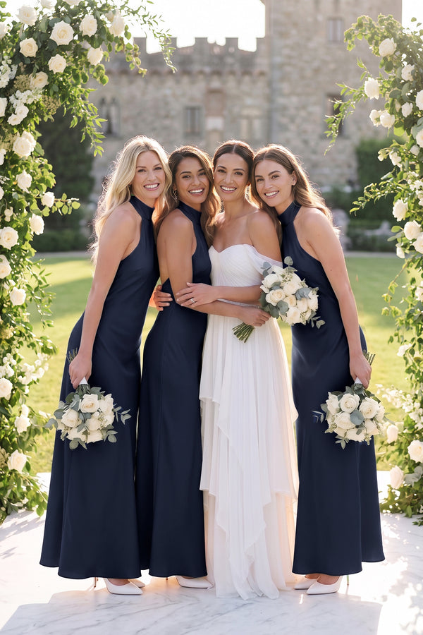 Halter Sheath Satin Bridesmaid Dress in Dark Navy - KISS BRIDAL Bridesmaid Dresses