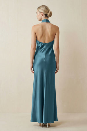 Halter Sheath Satin Bridesmaid Dress in Dark Teal - KISS BRIDAL Bridesmaid Dresses