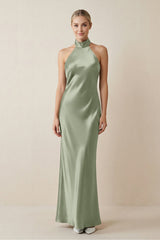 Halter Sheath Satin Bridesmaid Dress in Dove Gray - KISS BRIDAL Bridesmaid Dresses