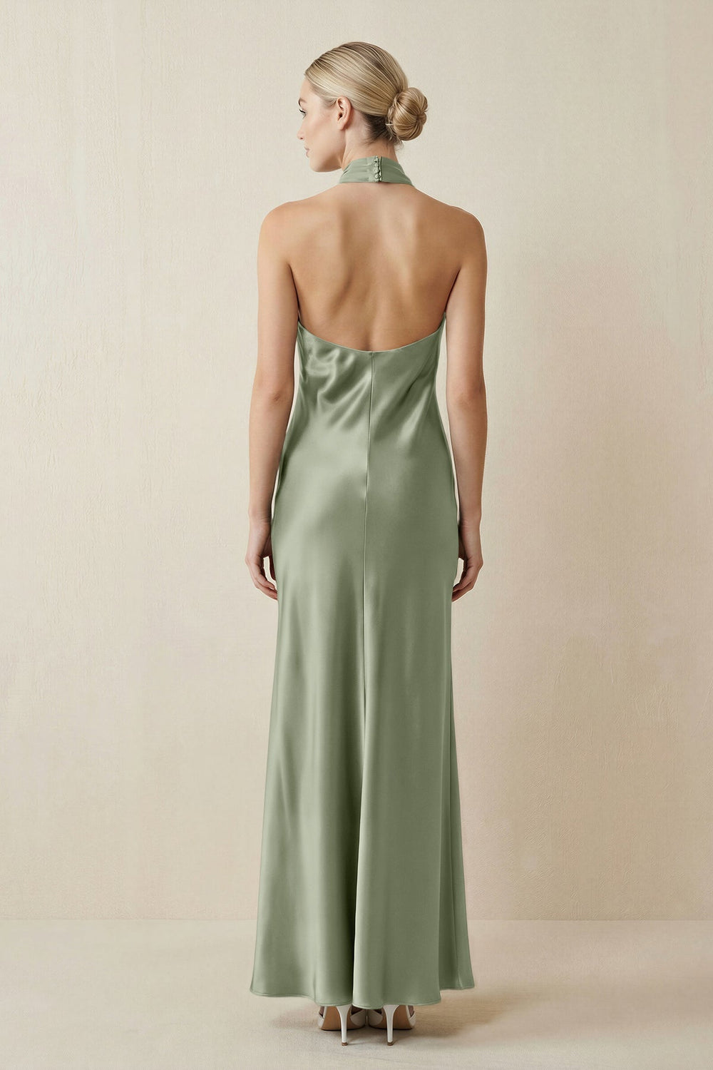 Halter Sheath Satin Bridesmaid Dress in Dove Gray - KISS BRIDAL Bridesmaid Dresses