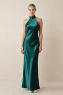 Halter Sheath Satin Bridesmaid Dress in Emerald - KISS BRIDAL Bridesmaid Dresses