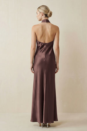 Halter Sheath Satin Bridesmaid Dress in Espresso - KISS BRIDAL Bridesmaid Dresses