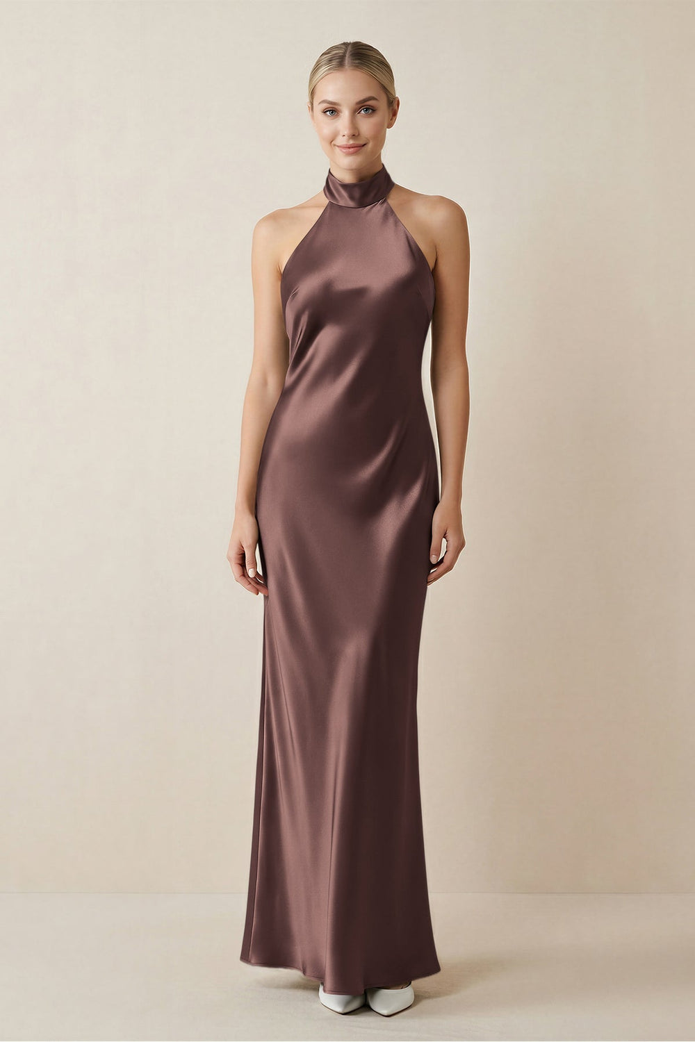 Halter Sheath Satin Bridesmaid Dress in Espresso - KISS BRIDAL Bridesmaid Dresses