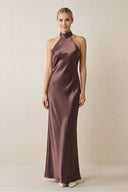 Halter Sheath Satin Bridesmaid Dress in Espresso - KISS BRIDAL Bridesmaid Dresses