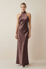 Halter Sheath Satin Bridesmaid Dress in Espresso - KISS BRIDAL Bridesmaid Dresses