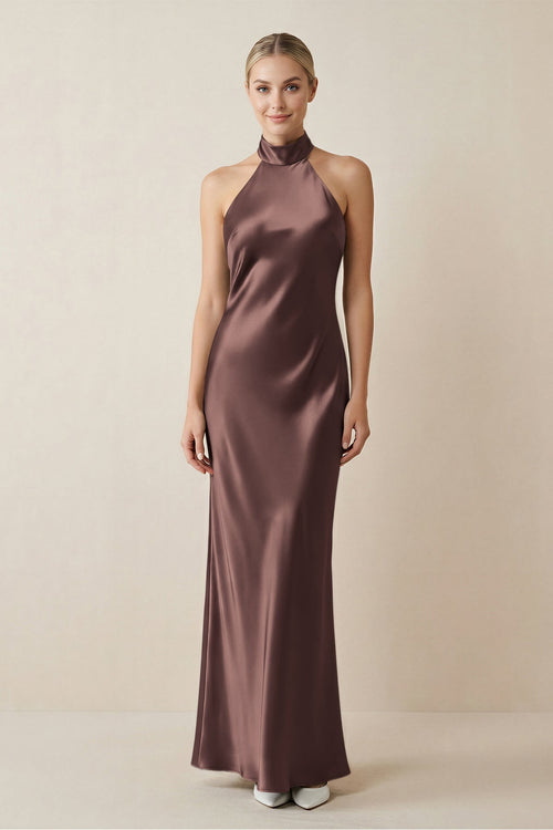 Halter Sheath Satin Bridesmaid Dress in Espresso - KISS BRIDAL Bridesmaid Dresses