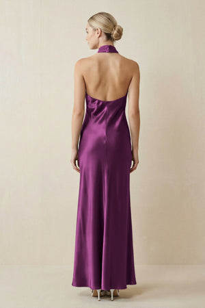 Halter Sheath Satin Bridesmaid Dress in Fig - KISS BRIDAL Bridesmaid Dresses