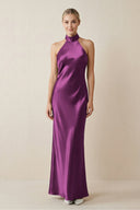 Halter Sheath Satin Bridesmaid Dress in Fig - KISS BRIDAL Bridesmaid Dresses