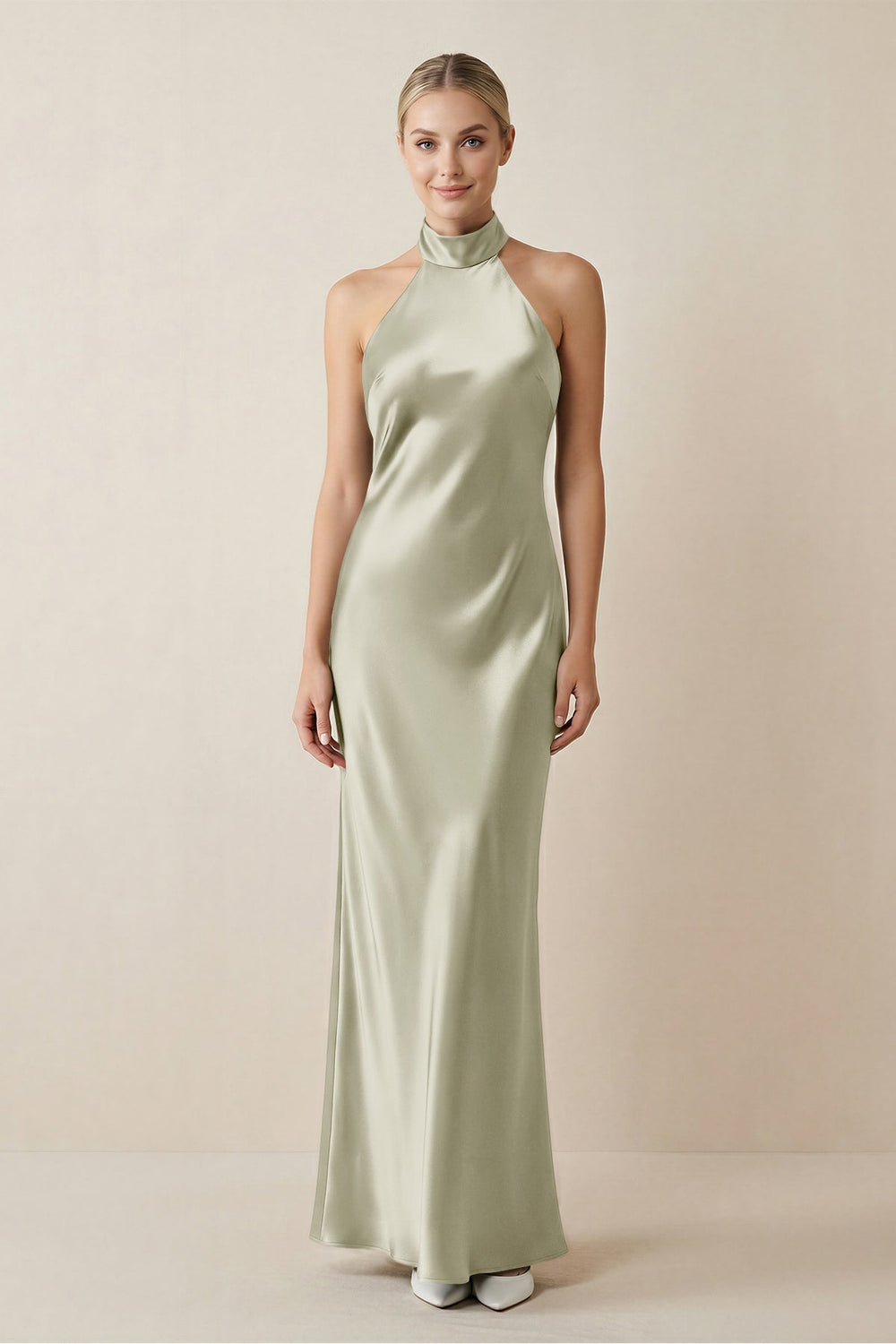 Halter Sheath Satin Bridesmaid Dress in Frost - KISS BRIDAL Bridesmaid Dresses