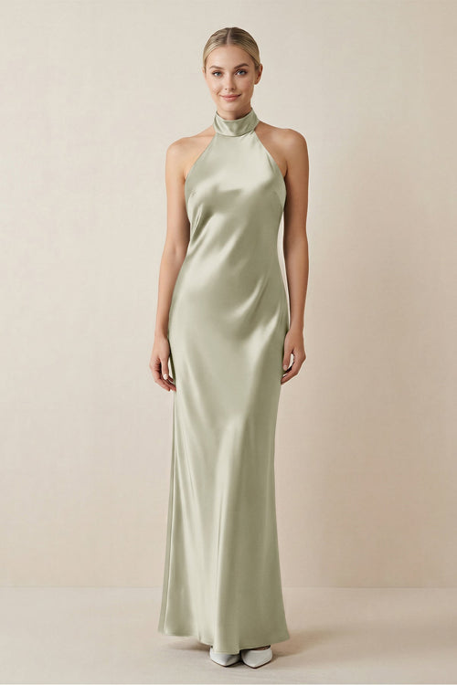 Halter Sheath Satin Bridesmaid Dress in Frost - KISS BRIDAL Bridesmaid Dresses