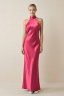 Halter Sheath Satin Bridesmaid Dress in Fuchsia - KISS BRIDAL Bridesmaid Dresses