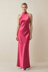 Halter Sheath Satin Bridesmaid Dress in Fuchsia - KISS BRIDAL Bridesmaid Dresses