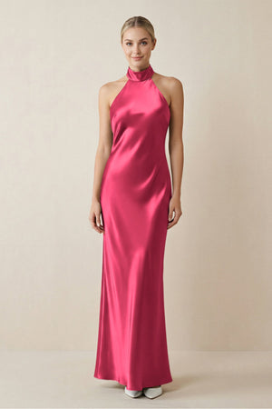 Halter Sheath Satin Bridesmaid Dress in Fuchsia - KISS BRIDAL Bridesmaid Dresses