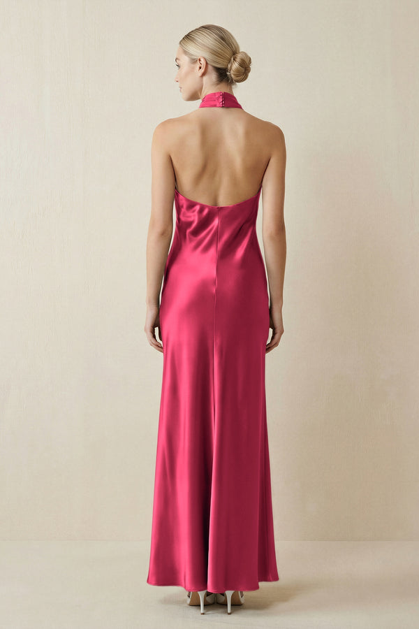Halter Sheath Satin Bridesmaid Dress in Fuchsia - KISS BRIDAL Bridesmaid Dresses