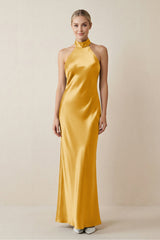 Halter Sheath Satin Bridesmaid Dress in Gold - KISS BRIDAL Bridesmaid Dresses