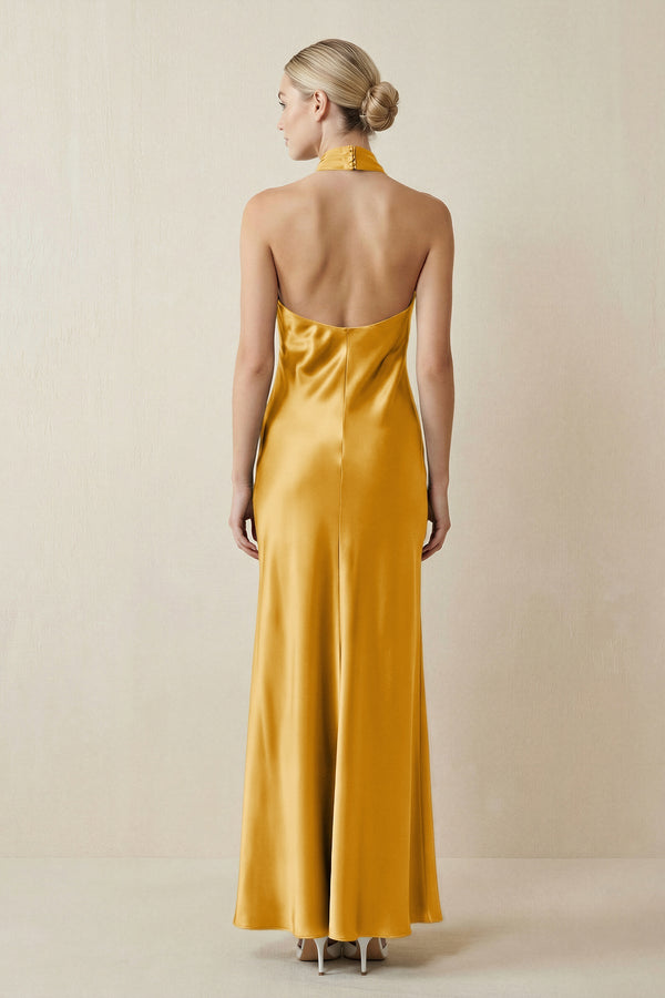 Halter Sheath Satin Bridesmaid Dress in Gold - KISS BRIDAL Bridesmaid Dresses