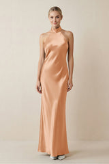Halter Sheath Satin Bridesmaid Dress in Golden Champagne - KISS BRIDAL Bridesmaid Dresses
