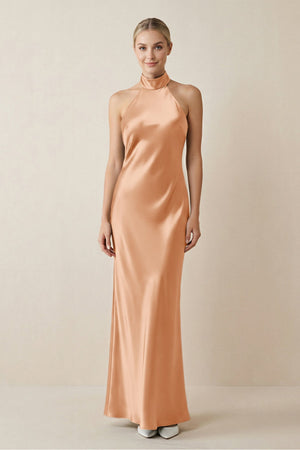 Halter Sheath Satin Bridesmaid Dress in Golden Champagne - KISS BRIDAL Bridesmaid Dresses