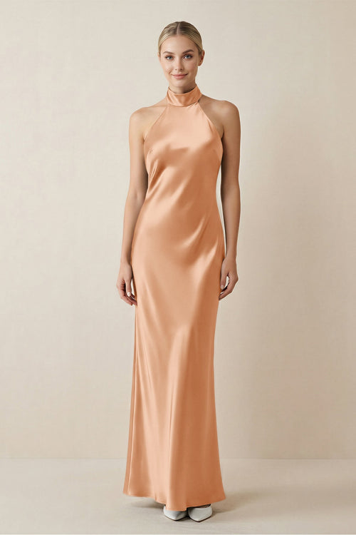 Halter Sheath Satin Bridesmaid Dress in Golden Champagne - KISS BRIDAL Bridesmaid Dresses