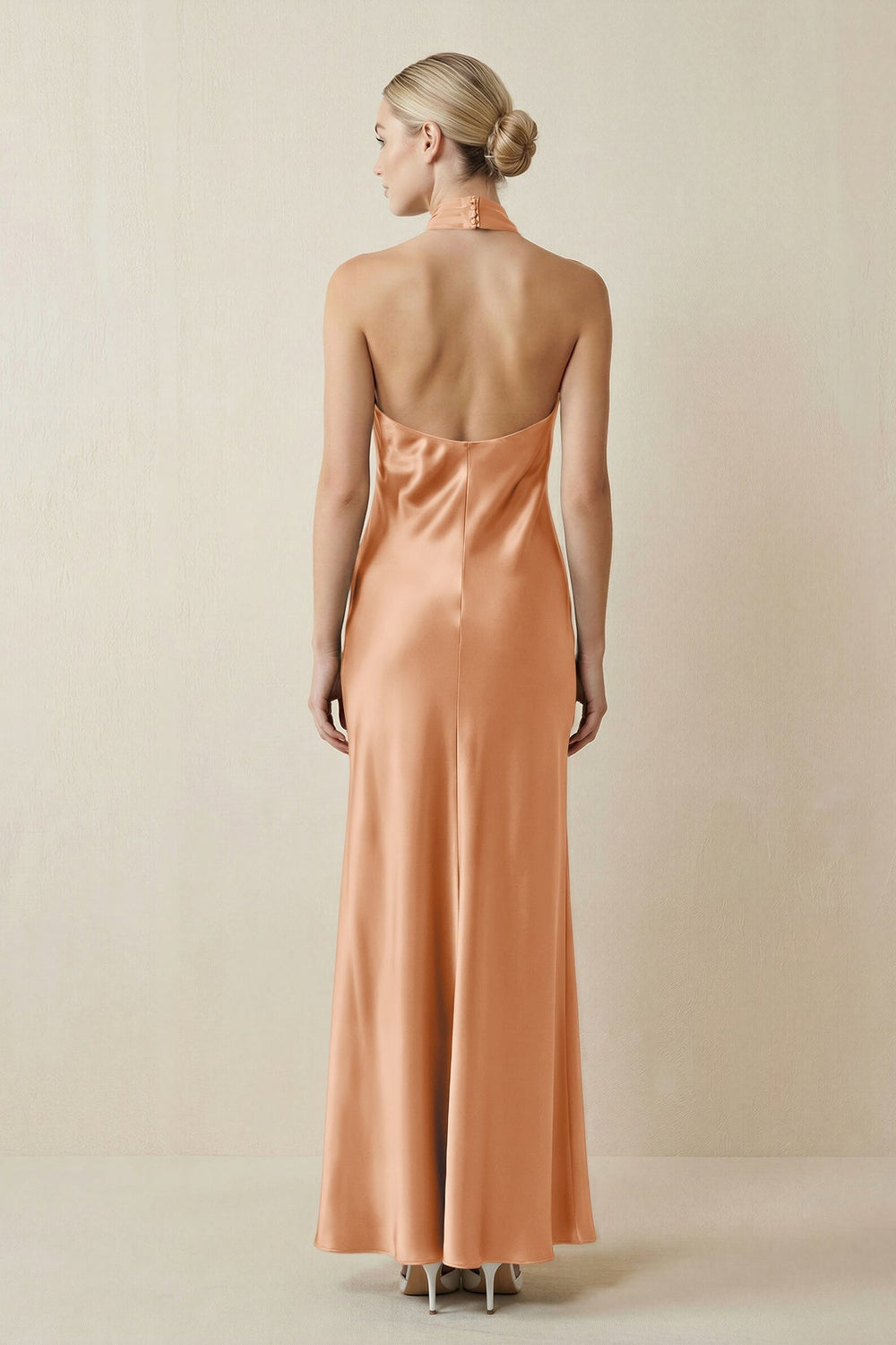 Halter Sheath Satin Bridesmaid Dress in Golden Champagne - KISS BRIDAL Bridesmaid Dresses