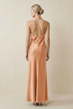 Halter Sheath Satin Bridesmaid Dress in Golden Champagne - KISS BRIDAL Bridesmaid Dresses
