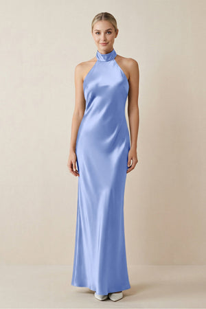 Halter Sheath Satin Bridesmaid Dress in Ice - KISS BRIDAL Bridesmaid Dresses