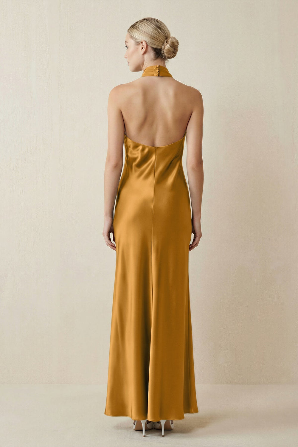 Halter Sheath Satin Bridesmaid Dress in Marigold - KISS BRIDAL Bridesmaid Dresses