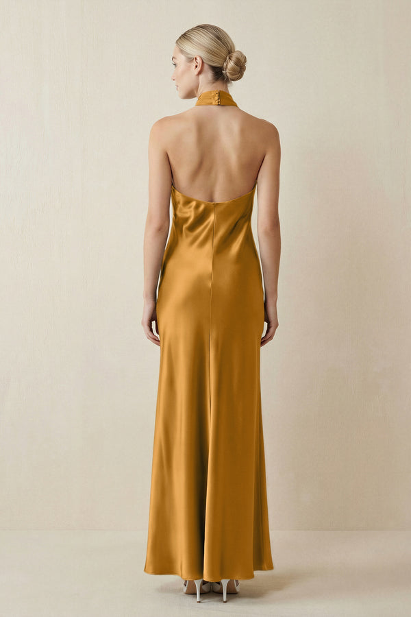 Halter Sheath Satin Bridesmaid Dress in Marigold - KISS BRIDAL Bridesmaid Dresses