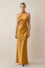 Halter Sheath Satin Bridesmaid Dress in Marigold - KISS BRIDAL Bridesmaid Dresses