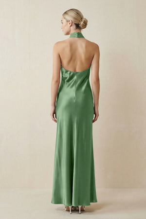 Halter Sheath Satin Bridesmaid Dress in Matcha - KISS BRIDAL Bridesmaid Dresses