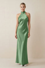 Halter Sheath Satin Bridesmaid Dress in Matcha - KISS BRIDAL Bridesmaid Dresses