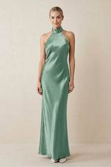 Halter Sheath Satin Bridesmaid Dress in Mint Green - KISS BRIDAL Bridesmaid Dresses