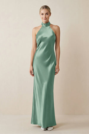 Halter Sheath Satin Bridesmaid Dress in Mint Green - KISS BRIDAL Bridesmaid Dresses