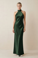 Halter Sheath Satin Bridesmaid Dress in Moss - KISS BRIDAL Bridesmaid Dresses