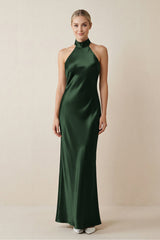 Halter Sheath Satin Bridesmaid Dress in Moss - KISS BRIDAL Bridesmaid Dresses