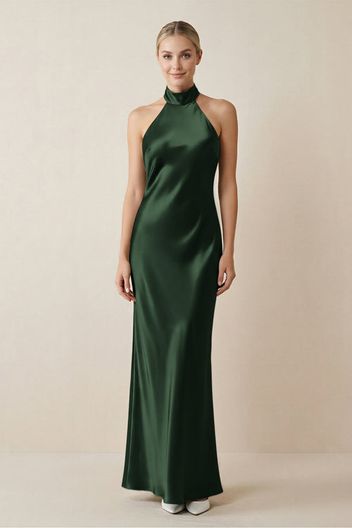 Halter Sheath Satin Bridesmaid Dress in Moss - KISS BRIDAL Bridesmaid Dresses