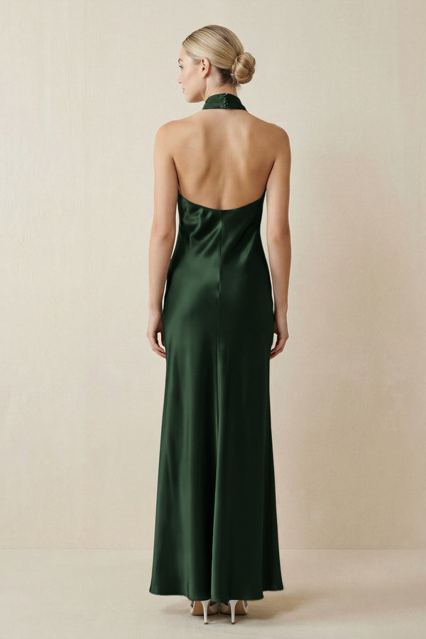 Halter Sheath Satin Bridesmaid Dress in Moss - KISS BRIDAL Bridesmaid Dresses